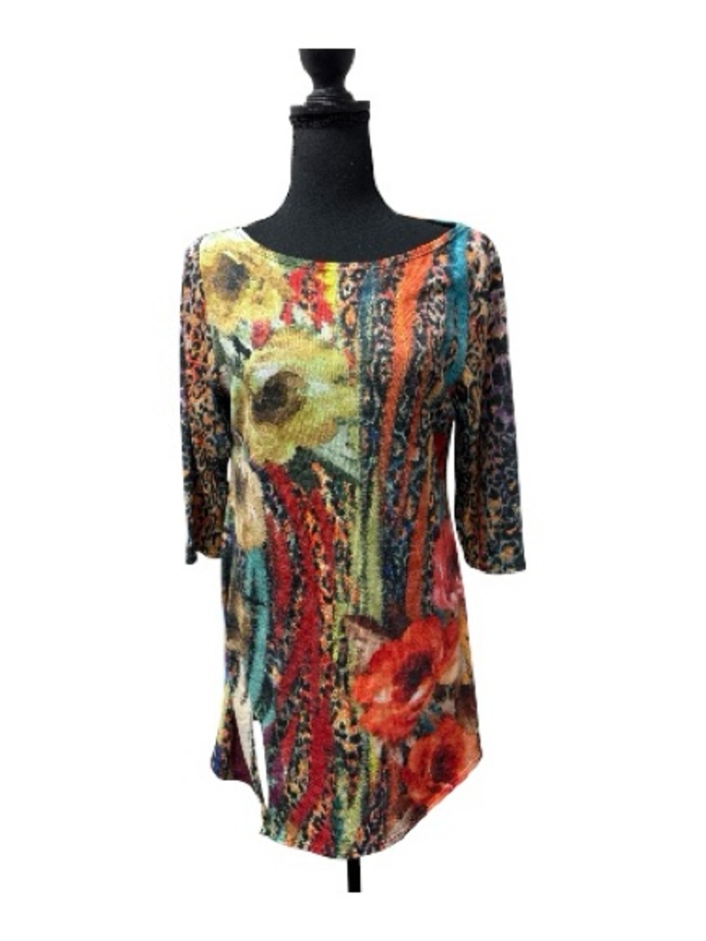 Amma Design Floral Tunic Top Large Yellow Teal Red Boho Stretch Blouse